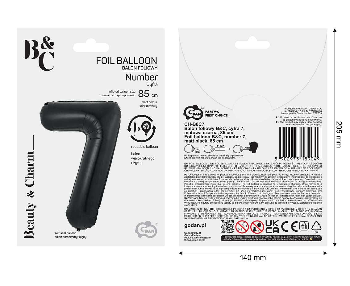 Foil balloon B&C, number 7, matt black, 85 cm